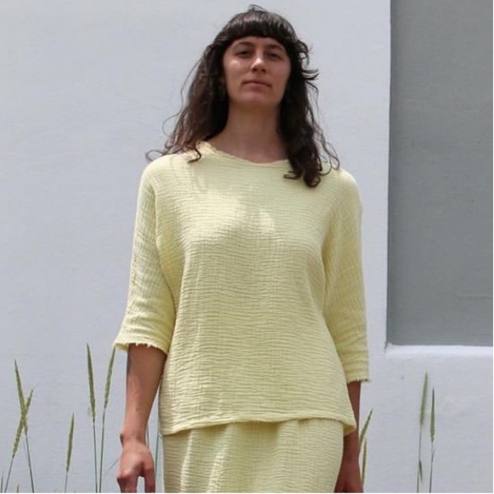 Black Crane Double Gauze Cotton Top Butter Yellow Lightweight Oversized Small